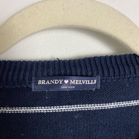 BRANDY Melville 100% Cotton Navy and White  Nautical Striped V-Neck Sweater S/M - Picture 2 of 5